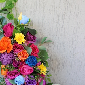 Purple pink orange yellow blue arch swag, Rainbow wedding arbor decor, Colorful wedding flowers