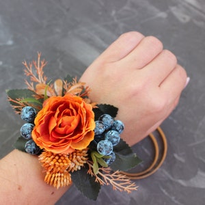 Burnt orange navy wrist corsage, Fall wedding flowers