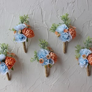 Peach dusty blue boutonniere for men, Rustic boutonniere, Wedding buttonhole