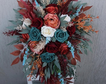 Dark teal rust burgundy wedding bouquet, Cascading bouquet, Fall wedding bouquet