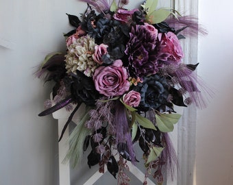 Dusty purple black bouquet, Gothic wedding bouquet, Moody bouquet, Cascading mauve sage black bouquet