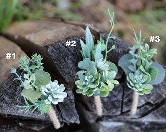 Boho succulent boutonniere, Greenery feather buttonhole, Groom or groomsmen boutonniere set, Succulent wedding flowers