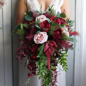 Emerald green burgundy blush wedding bouquet, Cascading bouquet, Fall wedding bouquet