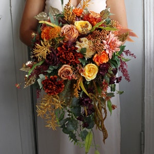 Orange rust burgundy  bouquet, Fall wedding bouquet, Boho bridal bouquet