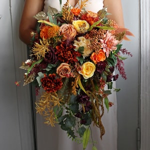 Orange rust burgundy  bouquet, Fall wedding bouquet, Boho bridal bouquet