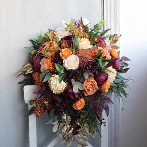 Burgundy orange ivory bouquet, cascading bridal bouquet, silk flower bouquet, wedding floral decorations