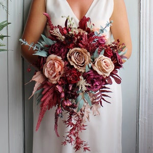 Taupe tan ivory burgundy bouquet, Cascading wedding bouquet, Boho bridal bouquet