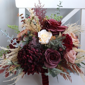 Winter wedding bouquet, Taupe tan ivory burgundy bouquet, Boho bridal bouquet