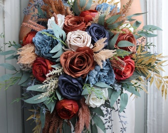 Navy rust wedding bouquet, Cascading bouquet, Fall wedding bouquet