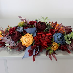 Fall wedding table centerpiece, Burnt orange navy burgundy table arrangement, Wedding arch  arch flowers