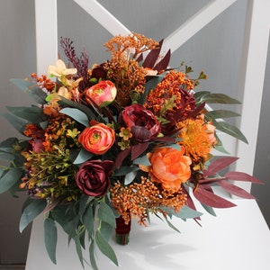 Burnt orange burgundy bouquet, bridal flower bouquet, silk wedding bouquet, eucalyptus bouquet, wedding flowers image 2