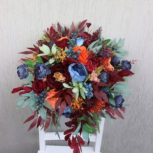 Bridal bouquet with burgundy, blue and rust orange flowers, terracotta bouquet, brides artificial bouquet, faux bridal bouquet