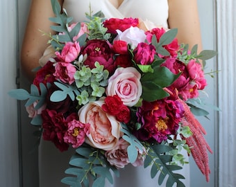 Hot Pink Peach Bouquet, Jewel Tone Bouquet, Wedding Flowers UK