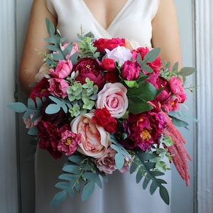 Hot pink peach bouquet, Jewel tone bouquet, Wedding flowers