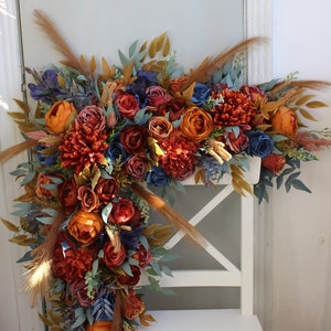 Rust navy wedding bouquet, Cascading bouquet, Fall wedding bouquet