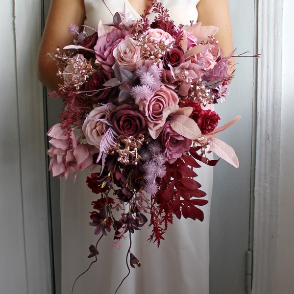 Rose gold burgundy mauve wedding bouquet, Cascading bouquet, Boho bridal bouquet