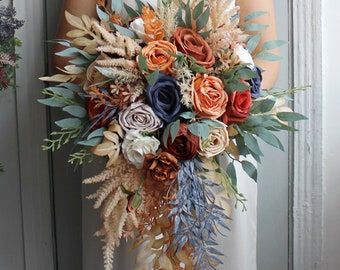 Rust navy wedding bouquet, Cascading bouquet, Fall wedding bouquet