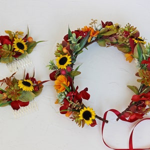 Sunflower wedding flowers set, Burgundy sunflower crown, Sunflower comb