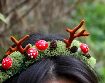 Amanita mushroom crown, Coblincore headpiece, Woodland antler hair crown, Cottagecore hair accessory