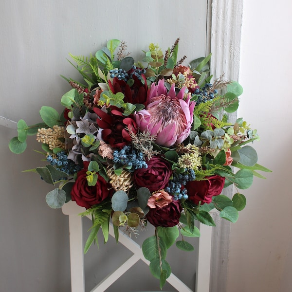 Burgundy wedding bouquet with blueberries, Protea bouquet, Fall wedding bouquet