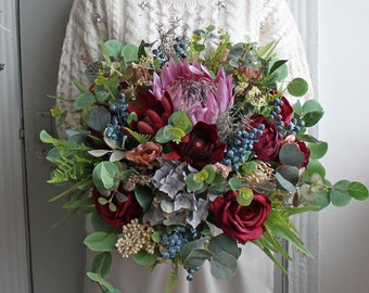 Burgundy wedding bouquet with blueberries, Protea bouquet, Fall wedding bouquet