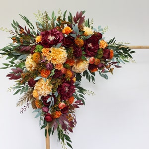 Fall wedding flower arch, Burnt orange burgundy peach arch flowers, Wedding arch swag