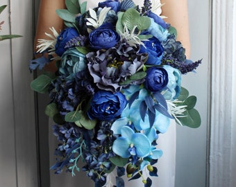 Royal Blue Wedding Bouquet - Handmade Silk Rose Bridal Bouquet With Crystal Pearls - View #6