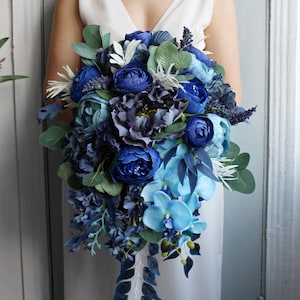 Royal blue navy bouquet, Cascading wedding bouquet, Bridal bouquet