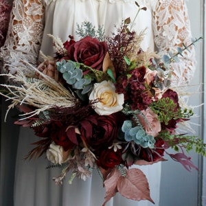 Taupe tan ivory burgundy bouquet, Winter wedding bouquet, Boho bridal bouquet
