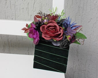 Burgundy navy black purple pocket square, Jewel tone pocket boutonniere, Gothic wedding pocket flowers