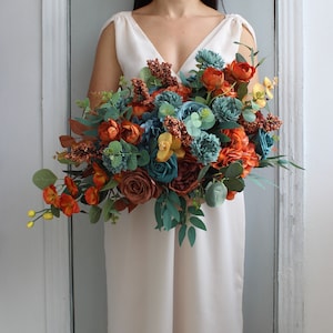 Teal rust burnt orange wedding bouquet, Fall wedding bouquet, Boho bridal bouquet, Teal rust orange wedding decorations