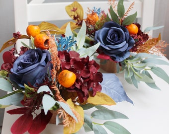 Burnt orange navy burgundy table arrangement, Fall wedding table centerpiece, Wedding flowers