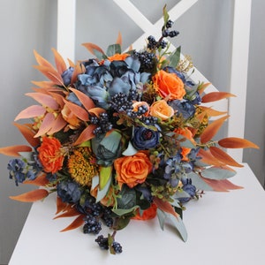 Navy orange wedding bouquet, Bridal silk flower bouquet, Fall wedding bouquet