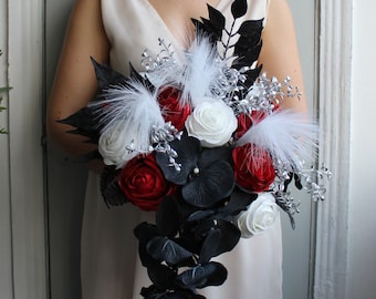Red white silver black bouquet, Cascading gothic wedding bouquet, Moody bouquet