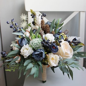 Winter wedding bouquet, navy ivory and blue wedding bouquet, silk flower bouquet with pines, christmas bridal bouquet