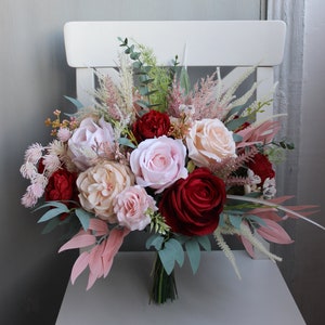 Ivory pink red bouquet, Boho bridal bouquet, Fall wedding bouquet
