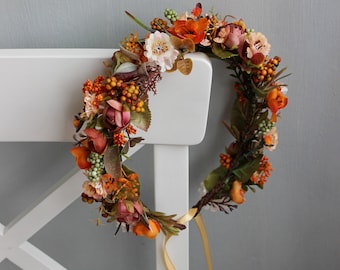 Rust orange flower crown, Fall wedding crown, Boho floral crown