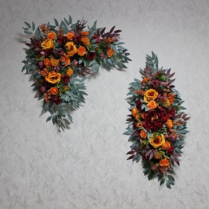 Fall wedding flower arch, Burnt orange burgundy arch flowers, Wedding arch swag