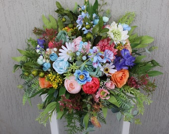 Colorful wildflower bouquet, Peach pink blue bridal bouquet, Spring Summer wedding flowers