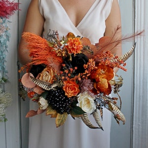 Rust Hochzeitsstrauß, Orange schwarzer Blumenstrauß, Seidenhochzeitenstrauß
