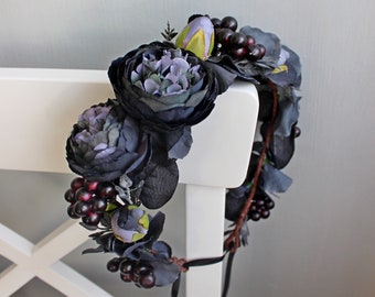 Gothic wedding floral crown, Black flower crown, Halloween wedding headpiece