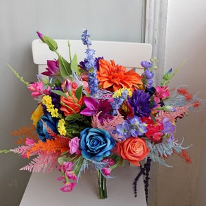 Colorful bridal bouquet, rainbow bouquet, wedding flowers, wedding floral decorations, colorful wedding bouquet, silk flower bouquet