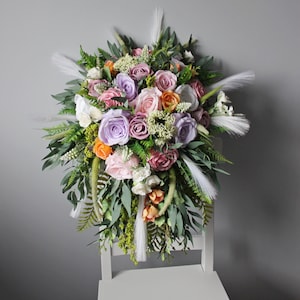 White pink purple orange wedding bouquet, Colorful cascading bouquet, Pampas wedding bouquet
