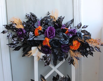 Black purple orange swag, Gothic wedding arch flowers, Halloween wedding decor