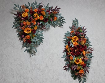 Fall wedding flower arch, Burnt orange burgundy arch flowers, Wedding arch swag