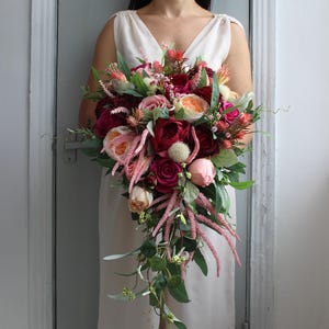 Hot pink peach bouquet, Jewel tone bouquet, Cascading bridal bouquet, Bright wedding flowers