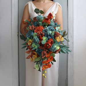 Teal rust burnt orange bouquet, Cascading bouquet, Fall wedding flowers