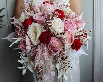 Rose gold ivory red wedding bouquet, Cascading bouquet, Boho bridal bouquet
