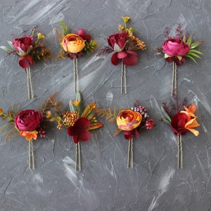 Burgundy orange wedding hair pins, Floral hair pins, Gothic wedding hair pins