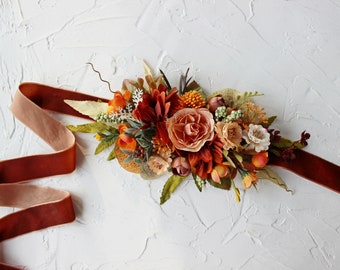 Rust orange bridal sash, Fall wedding sash belt, Flower girl belt